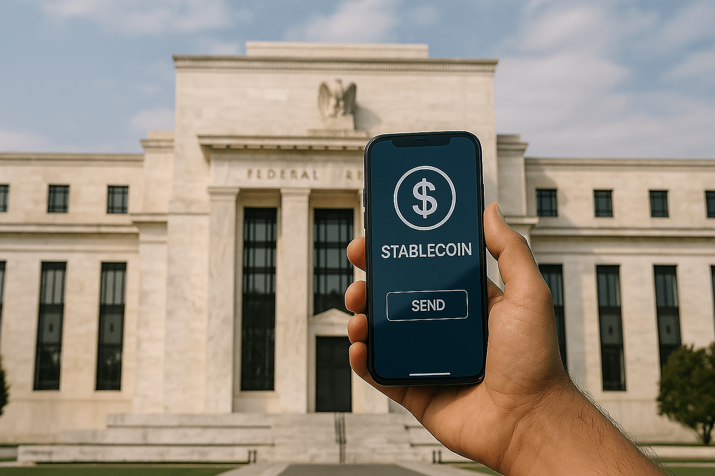 An image of a person sending a stablecoin in front of the Federal Reserve